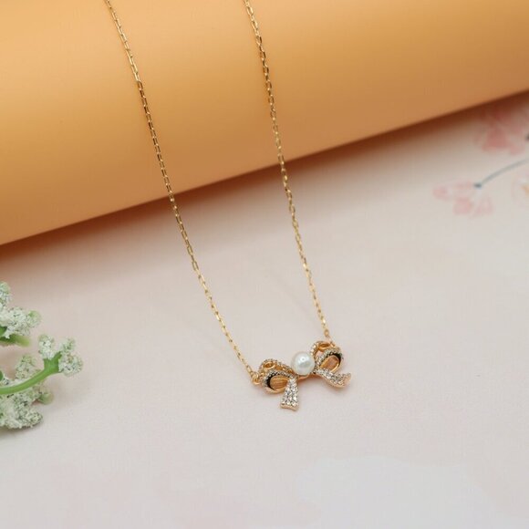 Rose Gold Bow Pendant Necklace with Pearl and Crystals , XPNL0171 - Picture 12 of 13